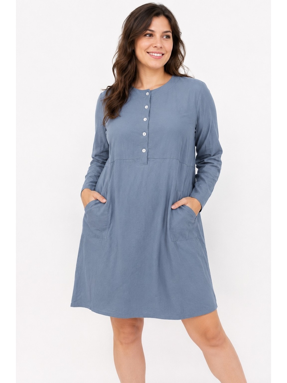 Blue Long Sleeve Button Front Shift Dress Size L Pockets Casual Minimalist